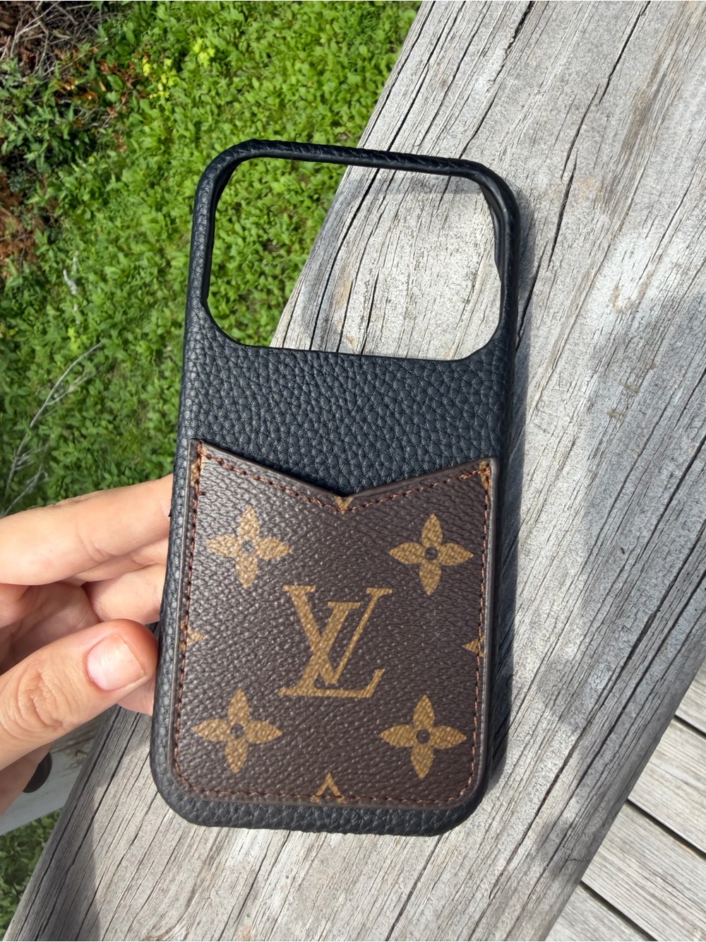 Louis Vuitton Black Leather iPhone Case with Brown Monogram Card Pocket